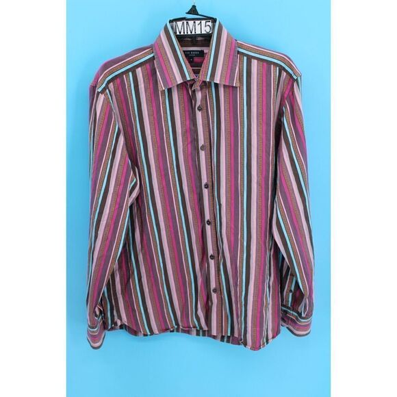 Ted Baker Striped Long Sleeve Cotton Button Shirt, Size 4 Large PINK BROWN BLUE - Picture 1 of 7